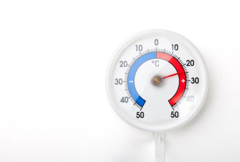 Thermometer shows comfort room temp plus 24 Celsius degree on white background