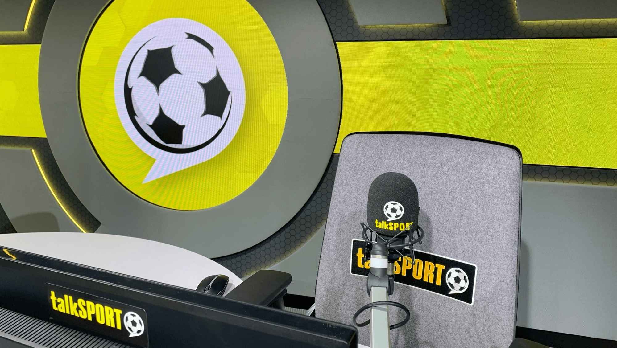 talkSPORT radio studio with radio microphone and chair